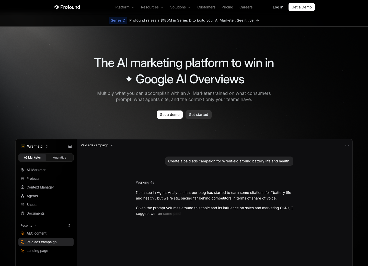 Profound公式サイトのサービス紹介とAI Marketerのデモ画面