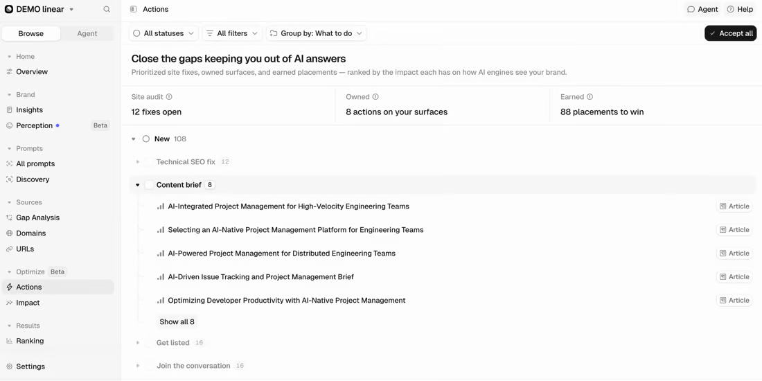 Peec AIのActions画面で改善候補を分類して表示する一覧