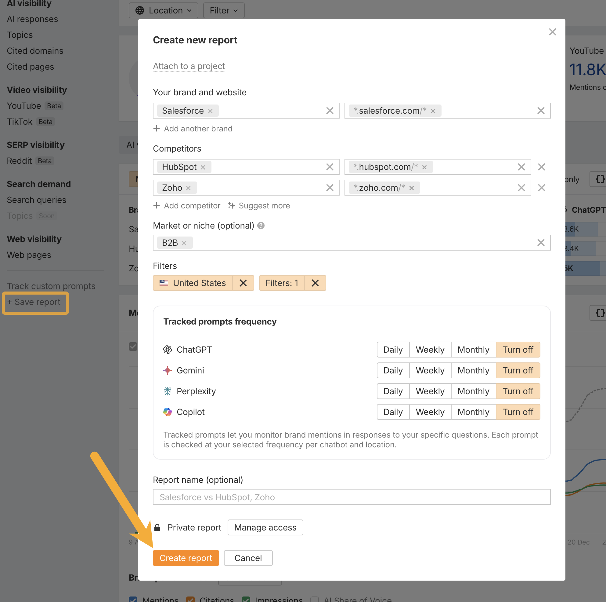 Create new report画面でプロジェクト、ブランド、追跡頻度を設定してレポートを保存する画面