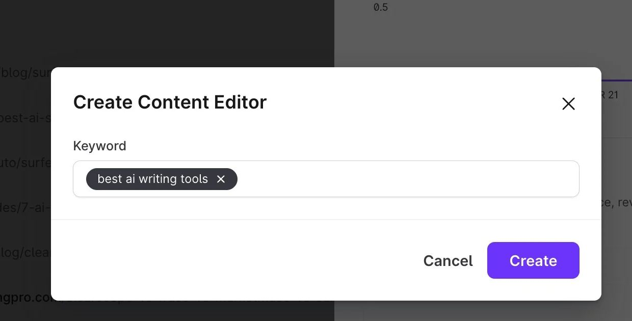 SourcesからContent Editorを作成するときのキーワード確認欄とCreateボタン
