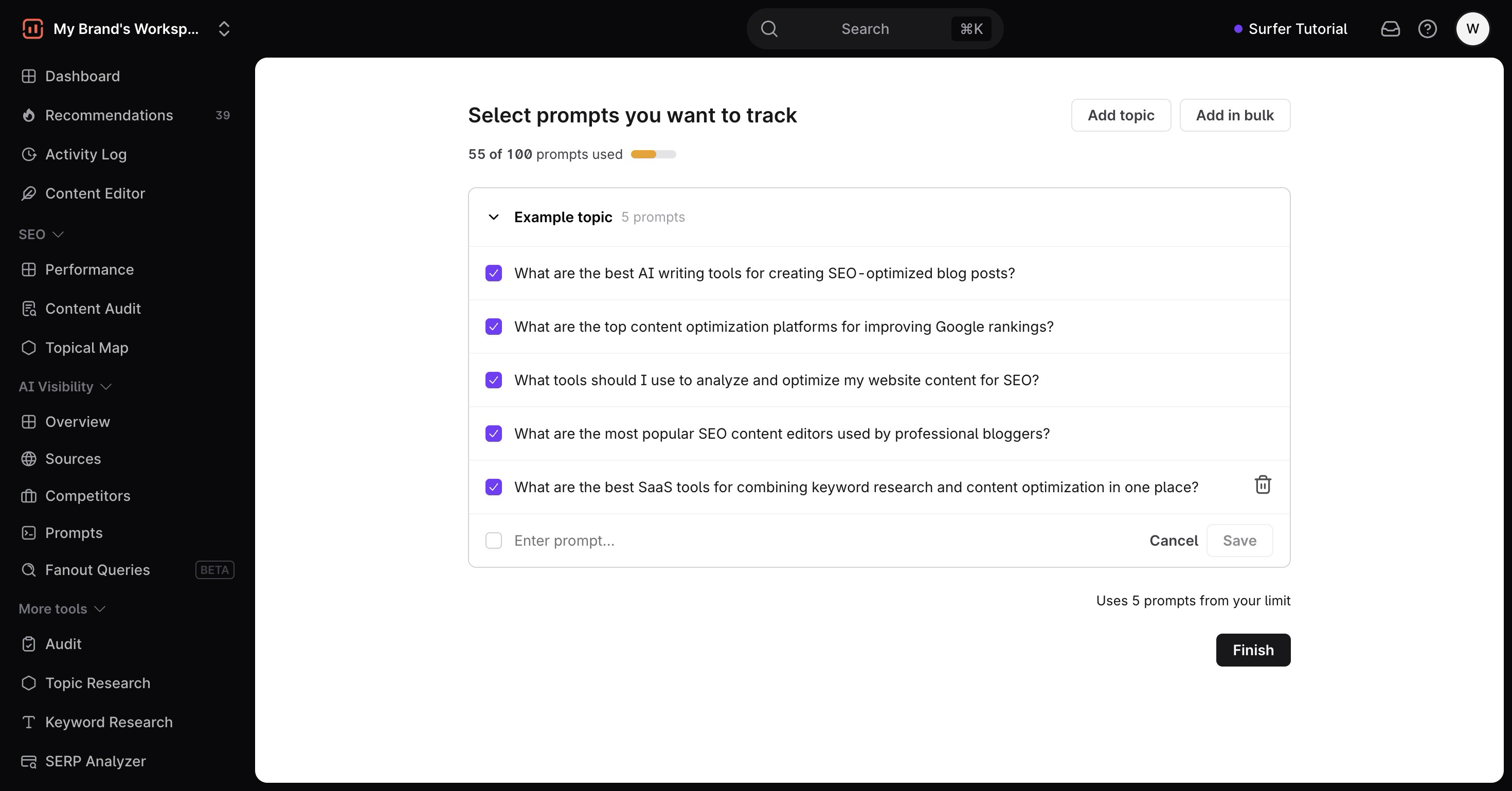 追跡するプロンプトの選択とAdd topic Add in bulk Finishが表示された設定画面